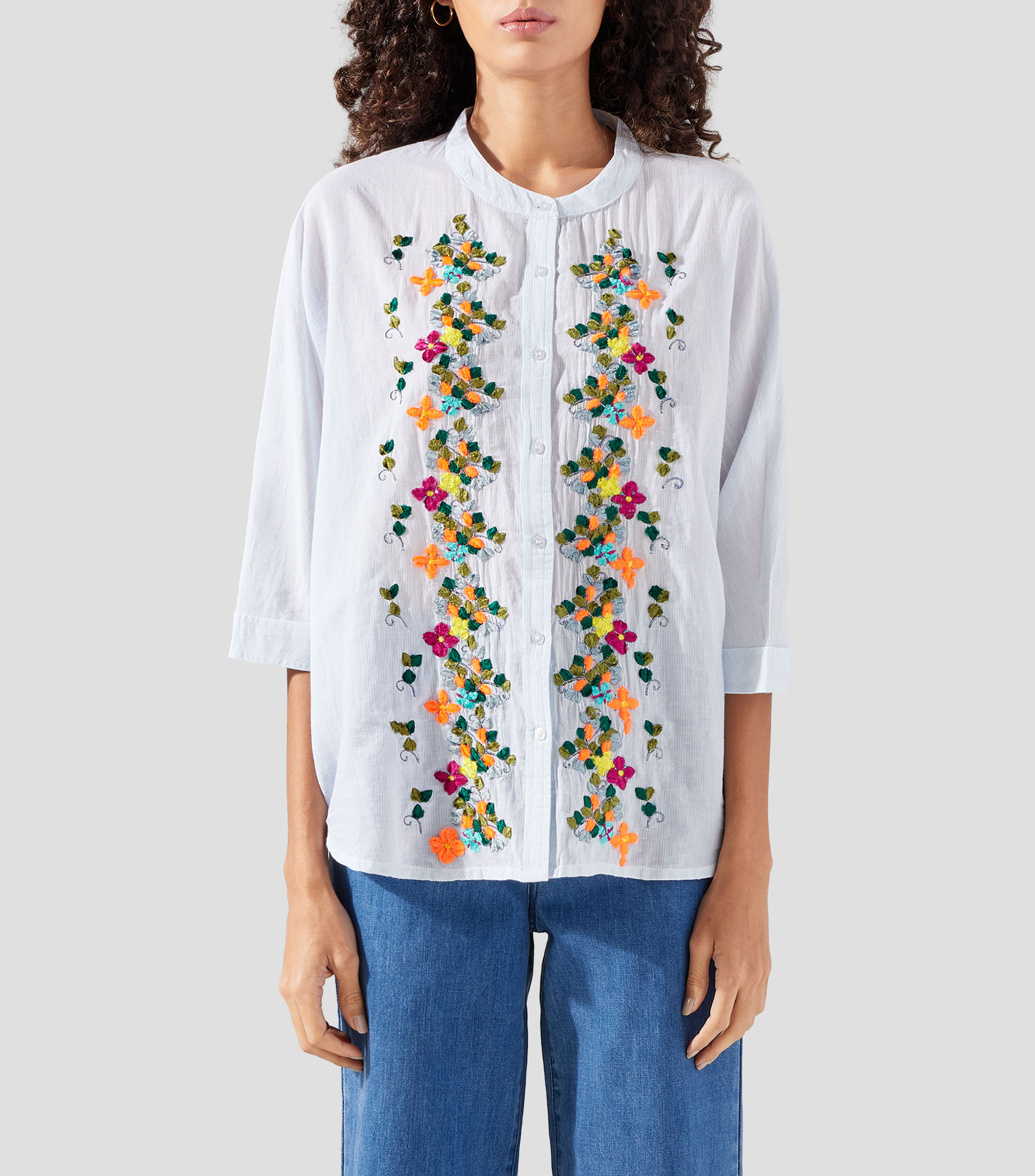 Camisa fantasía cuello mao manga 3/4 Mujer